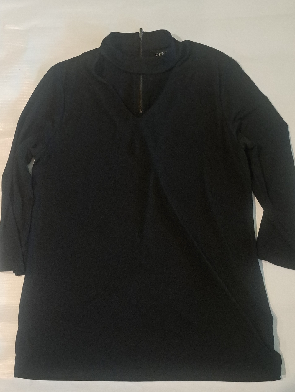 Black Long-Sleeve V-Neck Top Mock Collar with Back Zip Medium